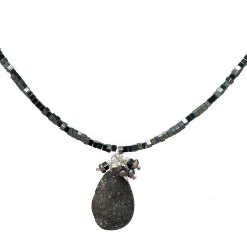 Black Hematite and Black Druzy Drop Necklace