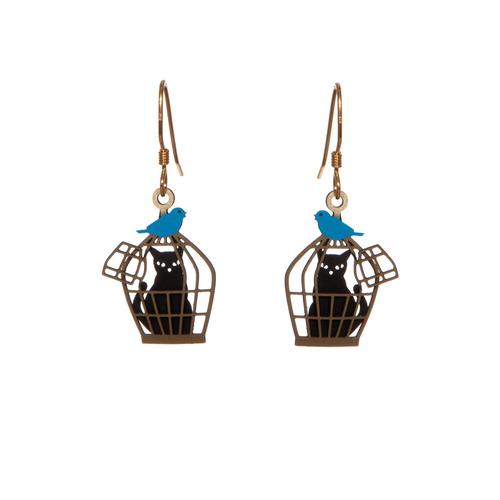 Cat in Cage Earrings: Black/Blue