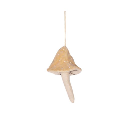 Velvet Beaded Mushroom Ornament: Yellow