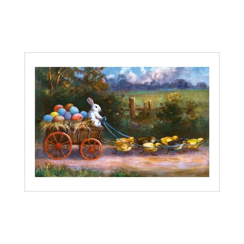 Greeting Card: Easter Rabbit Driving Wagon Filled w/Eggs