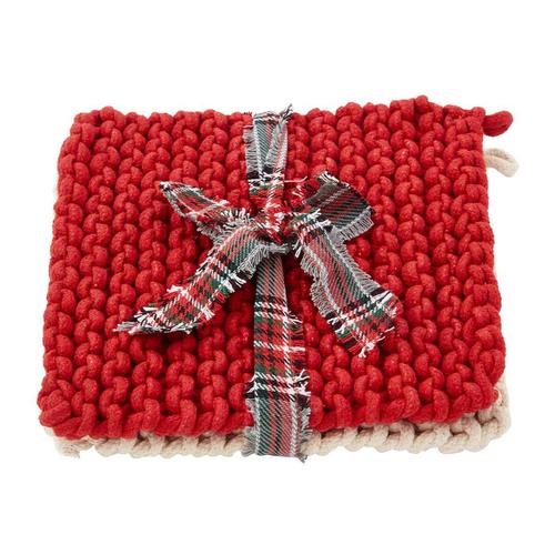 Crochet Pot Holder Set: White/Red