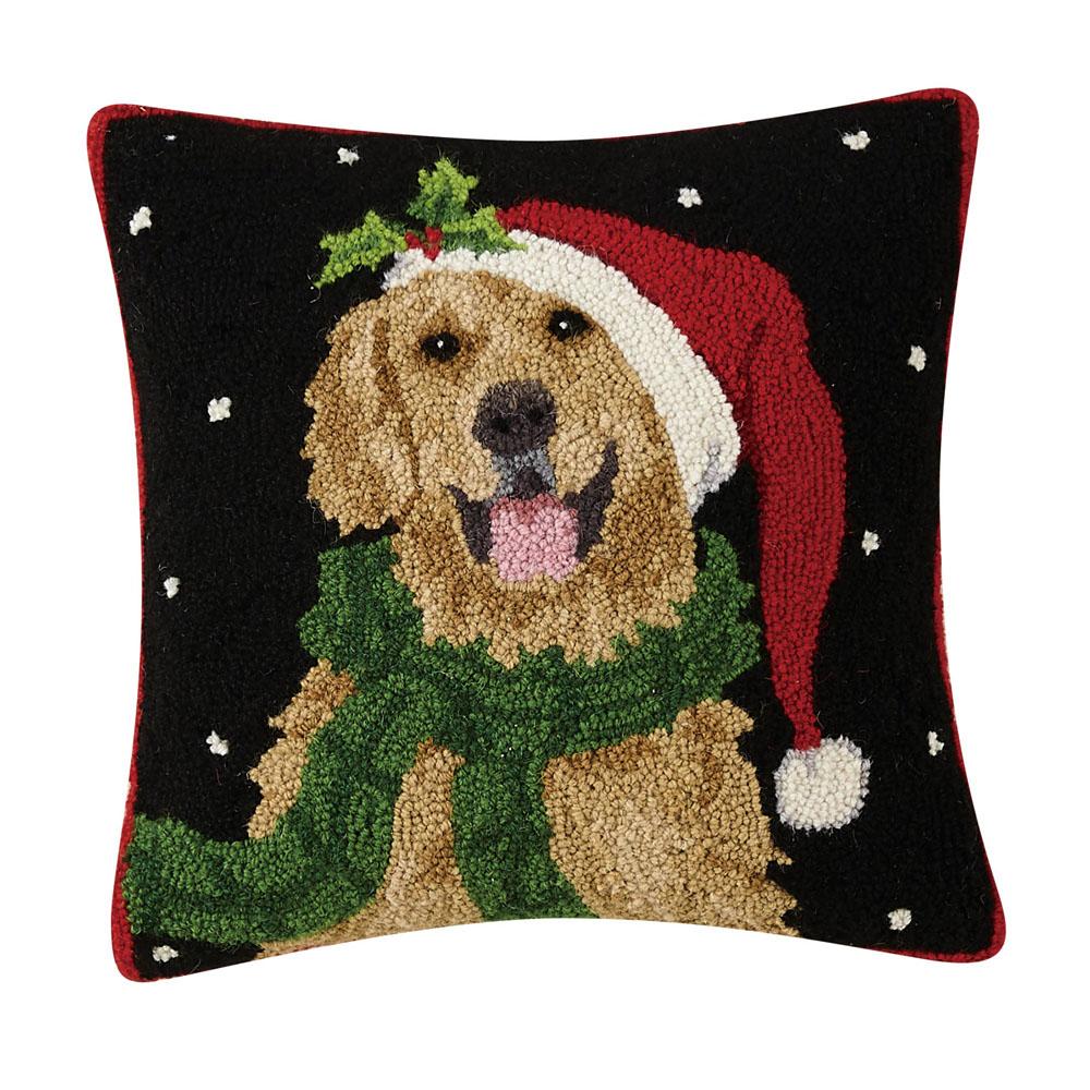  Hooked Throw Pillow : Santa Golden Retriever