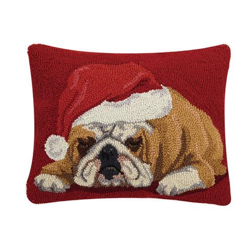 Hooked Throw Pillow: Santa Bulldog