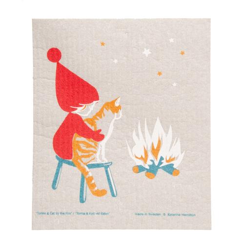 Swedish Dish Towel: Tomte & Catby the Fire