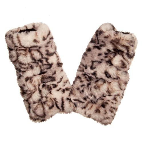 Faux Fur Fingerless Gloves: Snow Leopard/Black