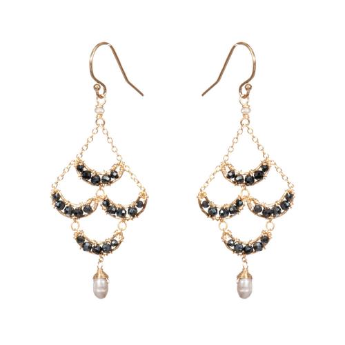 Beaded Crescent Earring: Black Spinel/Pearl