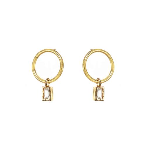 <p>Mini hoop stud with dangly square cut Cubic Zirconia.<p>