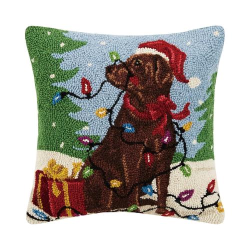 Hooked Throw Pillow: Holiday Chocolate Labrador