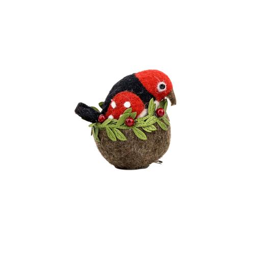 Clip-on Bird in Nest Ornament: Black/Red/White