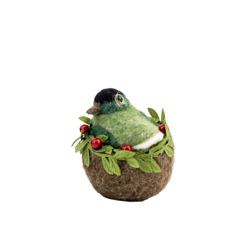 Clip-on Bird in Nest Ornament: Black/Green/White