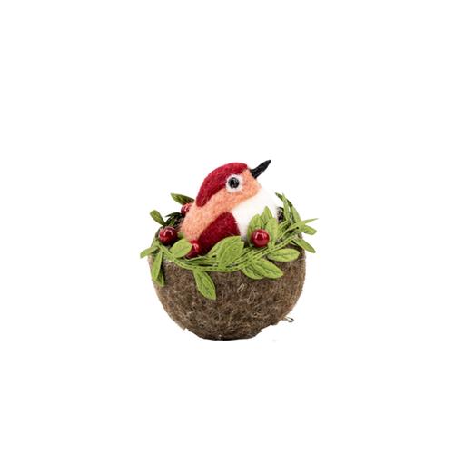 Clip-on Bird in Nest Ornament: Pink/Red/White