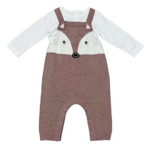 Fox Jacquard Knit Baby Overall Set: Cafe Latte