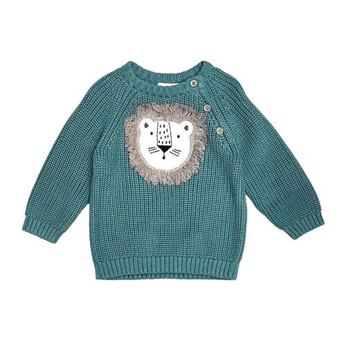 Lion appliqué Pullover Sweater: Teal Blue