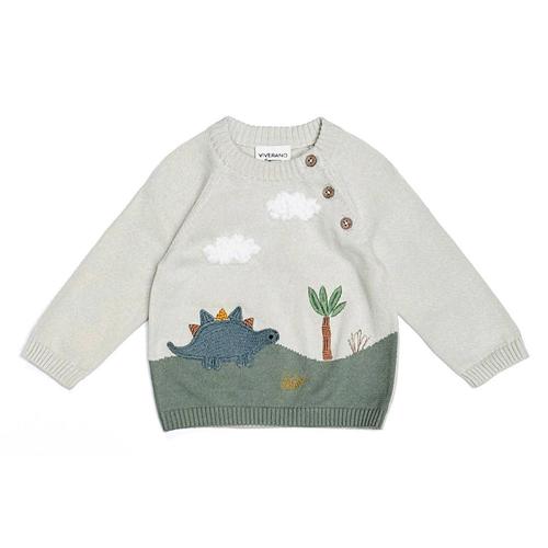 Dino Appliqué Button Pullover Sweater: Stone