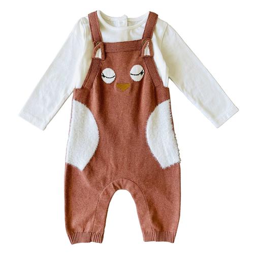 Owl Embroidered Knit Overall Set: Cinnamon