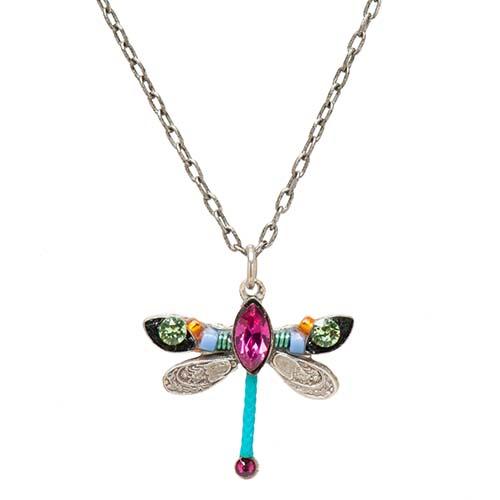 Petite Dragonfly Mosaic Necklace: Fuchsia