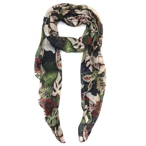 Abstract Floral Print Scarf: Green/Wine