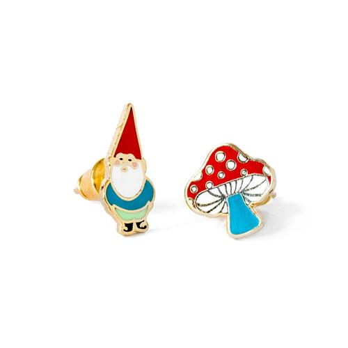 Cloisonné Earring Pair: Gnome/Mushroom