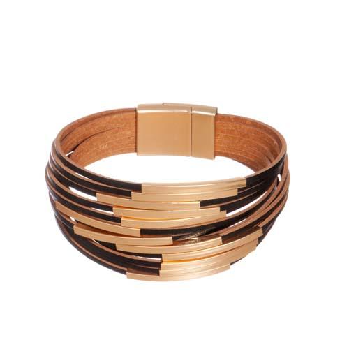 14 Strand Leather Bar Bracelet: Gold
