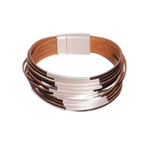  14 Strand Leather Bar Bracelet : Silver